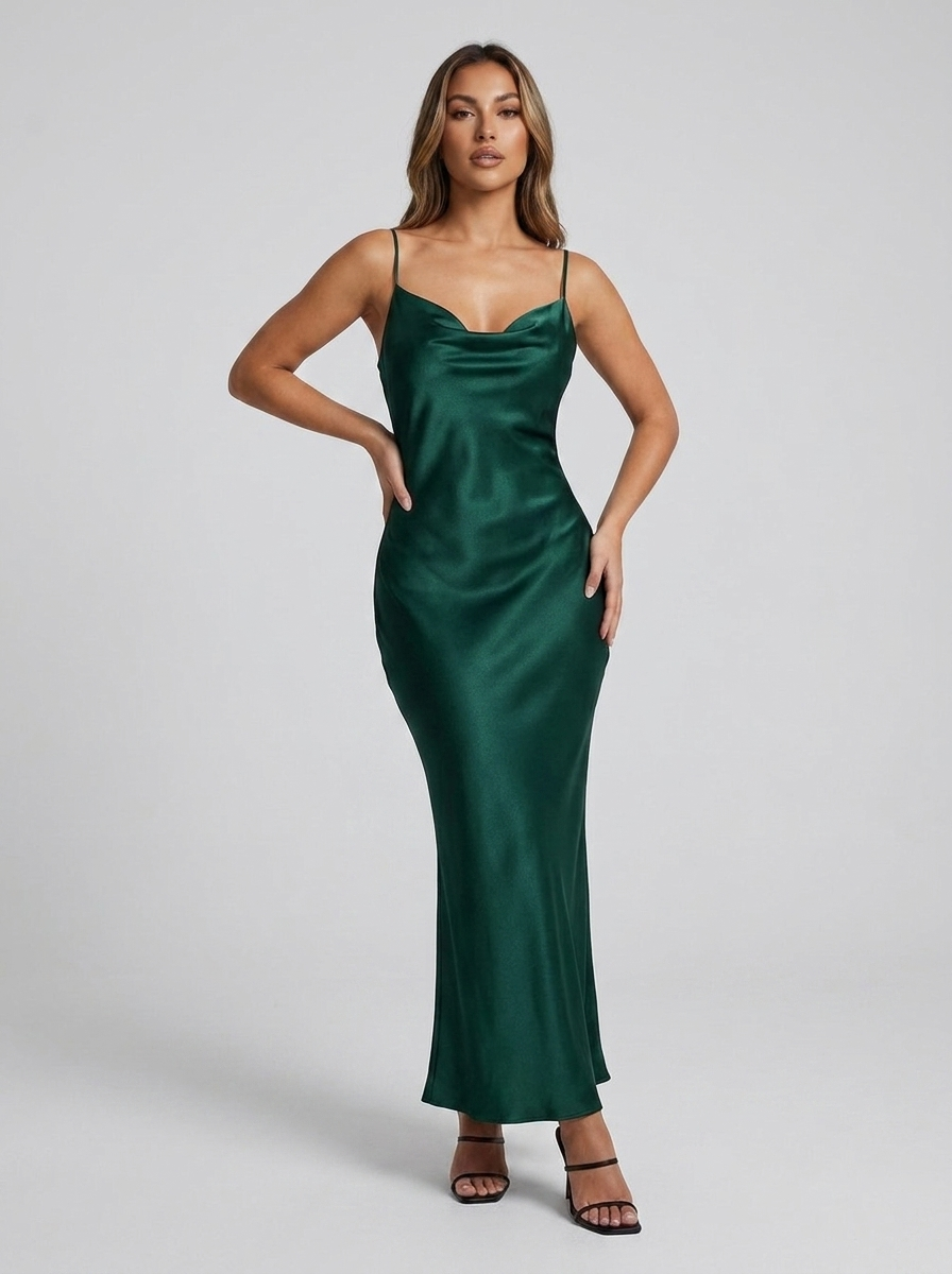 Ginestra Cowl-Neck Satin Slip Dress — Dark Green variant