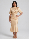 Letizia Satin Ruched Mock-Neck Midi Dress — Champagne variant