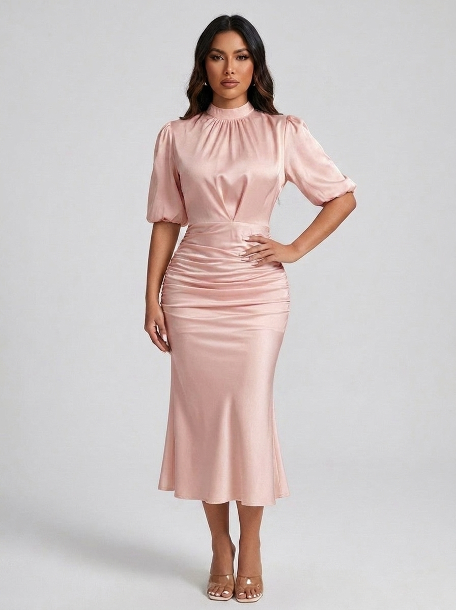 Letizia Satin Ruched Mock-Neck Midi Dress — Pink variant