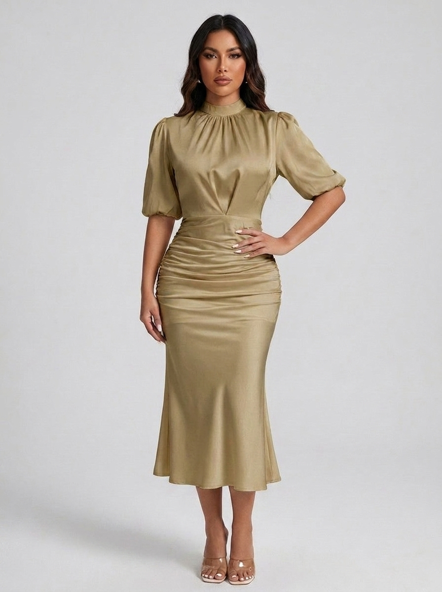 Letizia Satin Ruched Mock-Neck Midi Dress — Khaki variant
