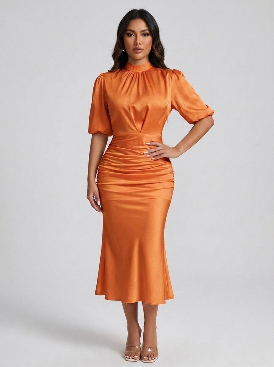 Letizia Satin Ruched Mock-Neck Midi Dress — Orange variant