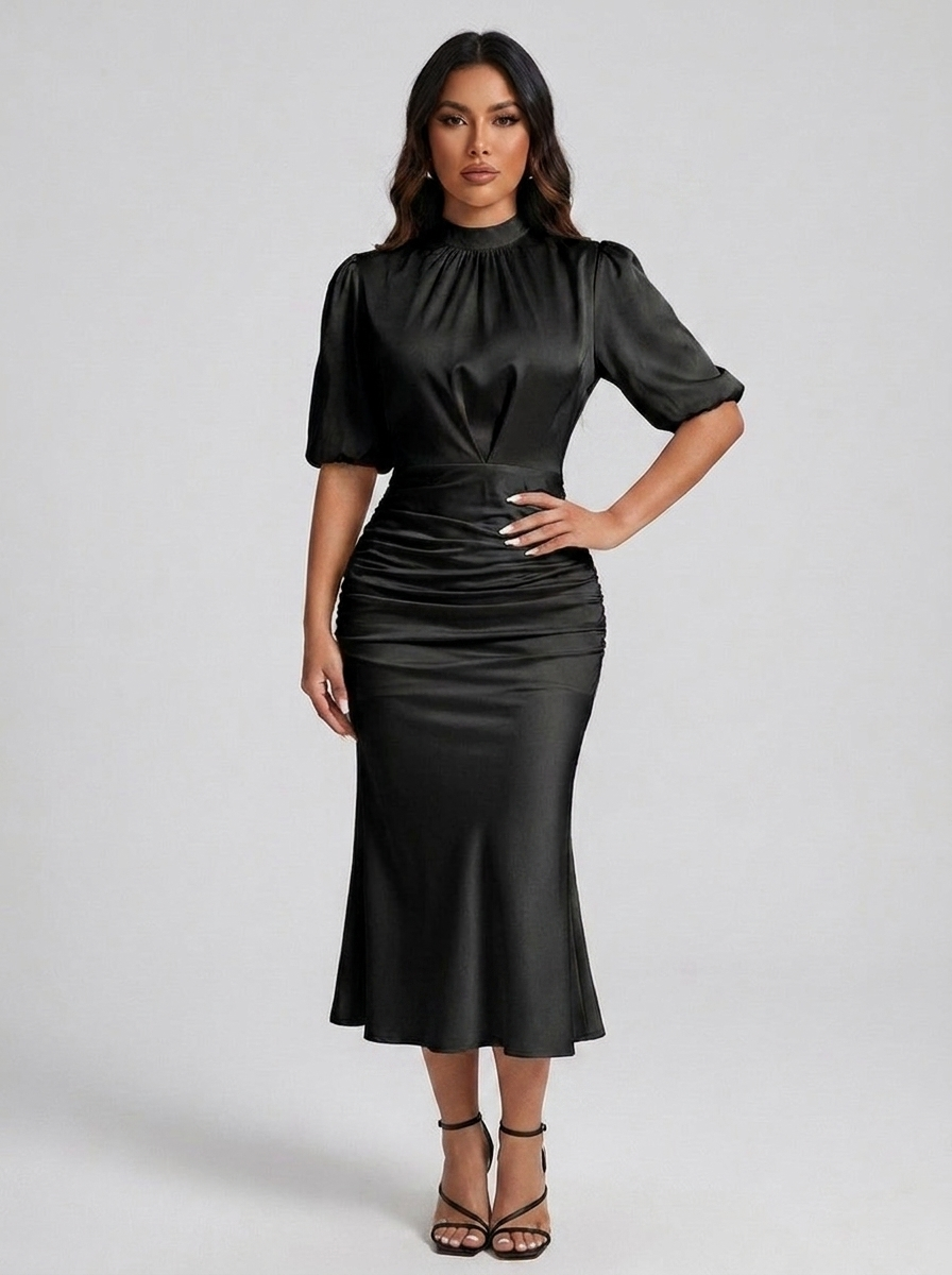 Letizia Satin Ruched Mock-Neck Midi Dress — Black variant