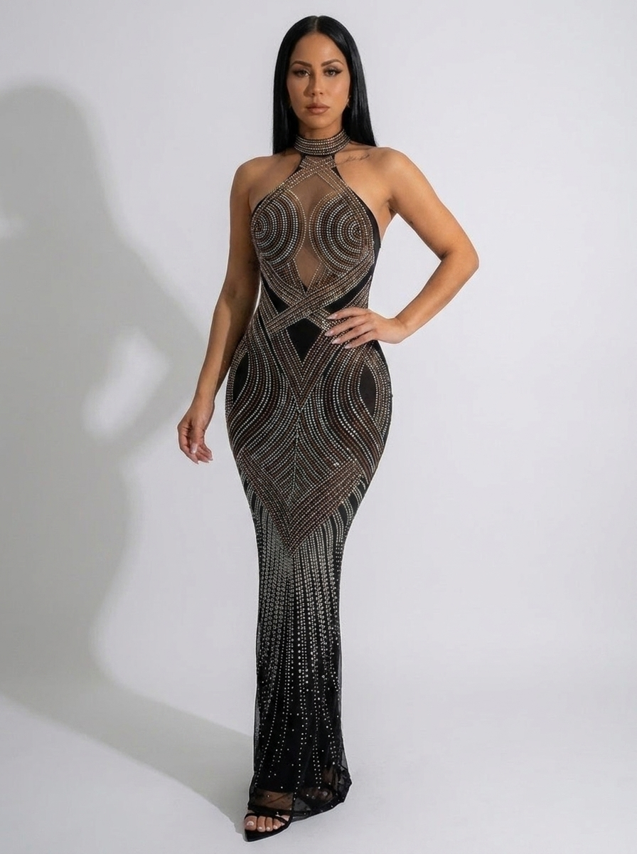 Tiziana Rhinestone Halter Mesh Maxi Gown — Black variant