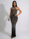 Tiziana Rhinestone Halter Mesh Maxi Gown — Black variant