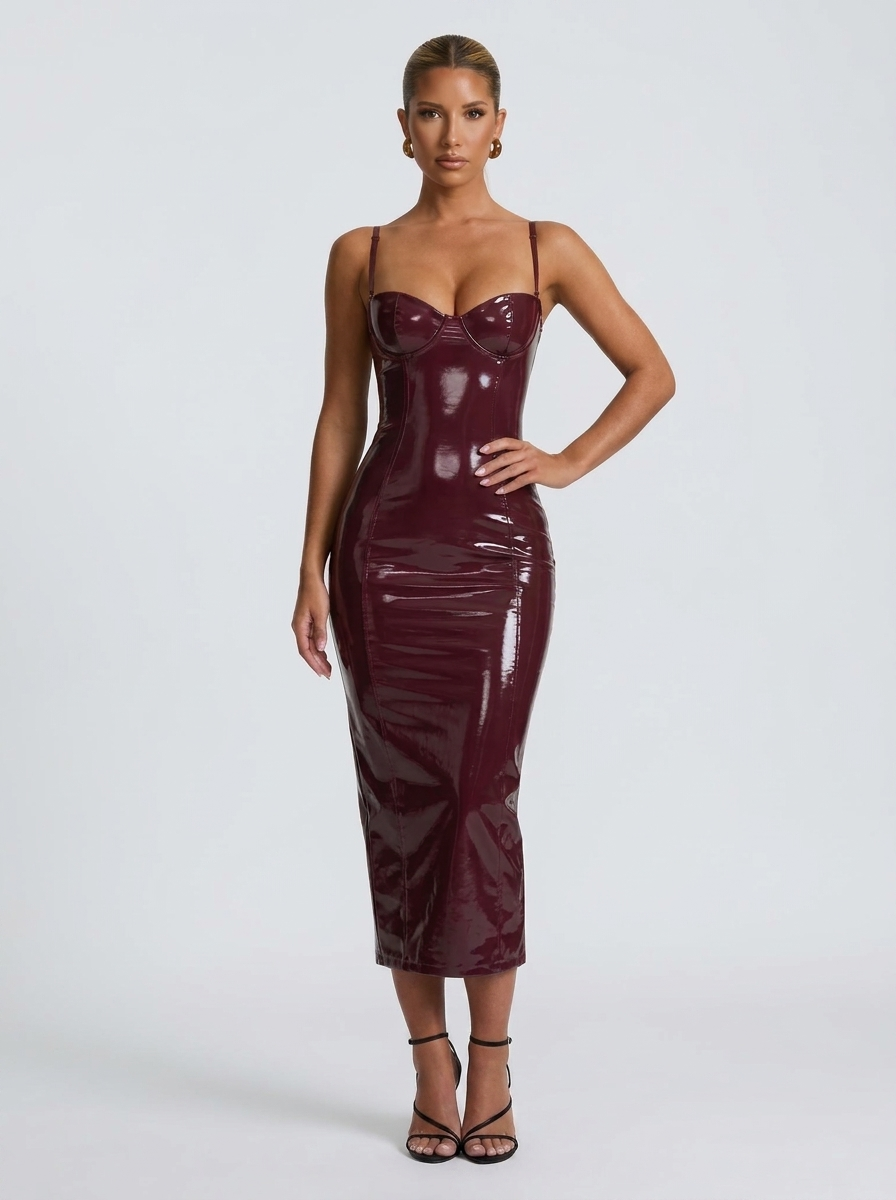 Ornella Patent Bustier Midi Dress — Wine Red variant