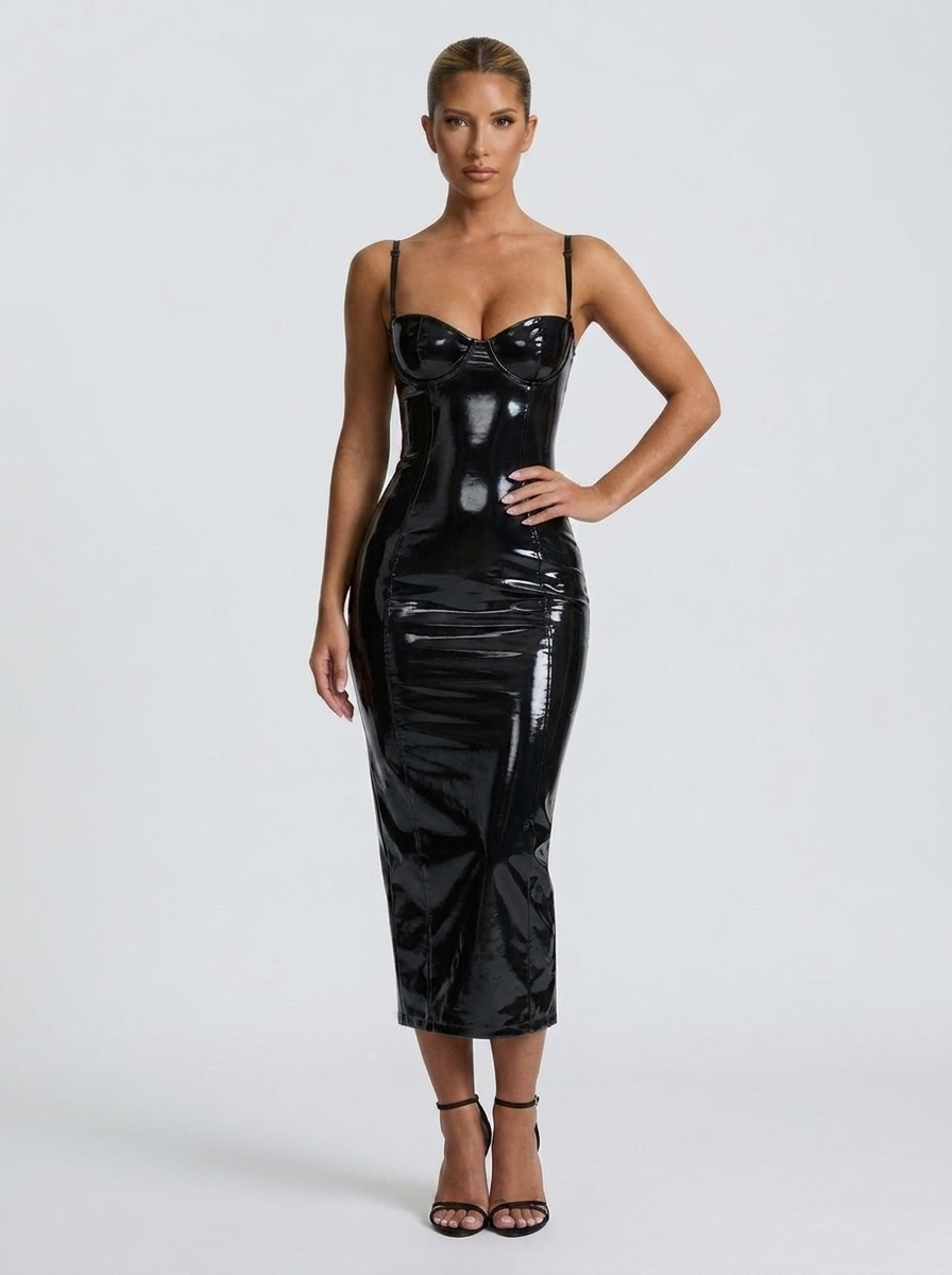 Ornella Patent Bustier Midi Dress — Black variant