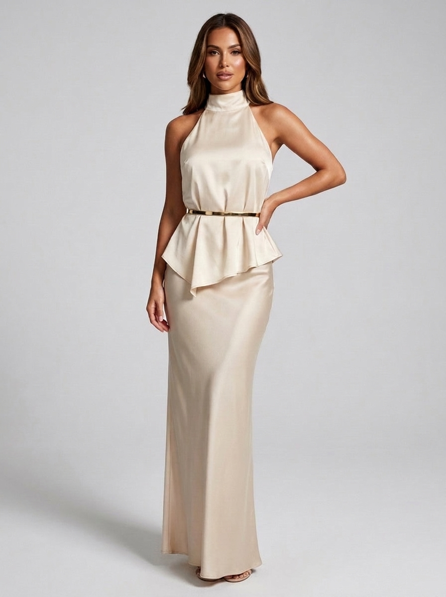 Adriana Satin Halter & Slip Skirt Set — Champagne variant
