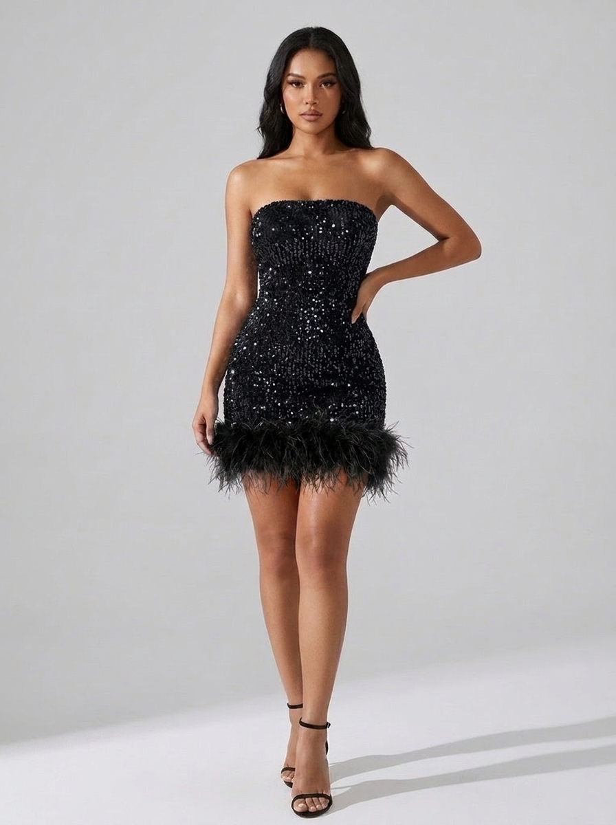Fulvia Feather-Hem Sequin Strapless Mini Dress — Black variant
