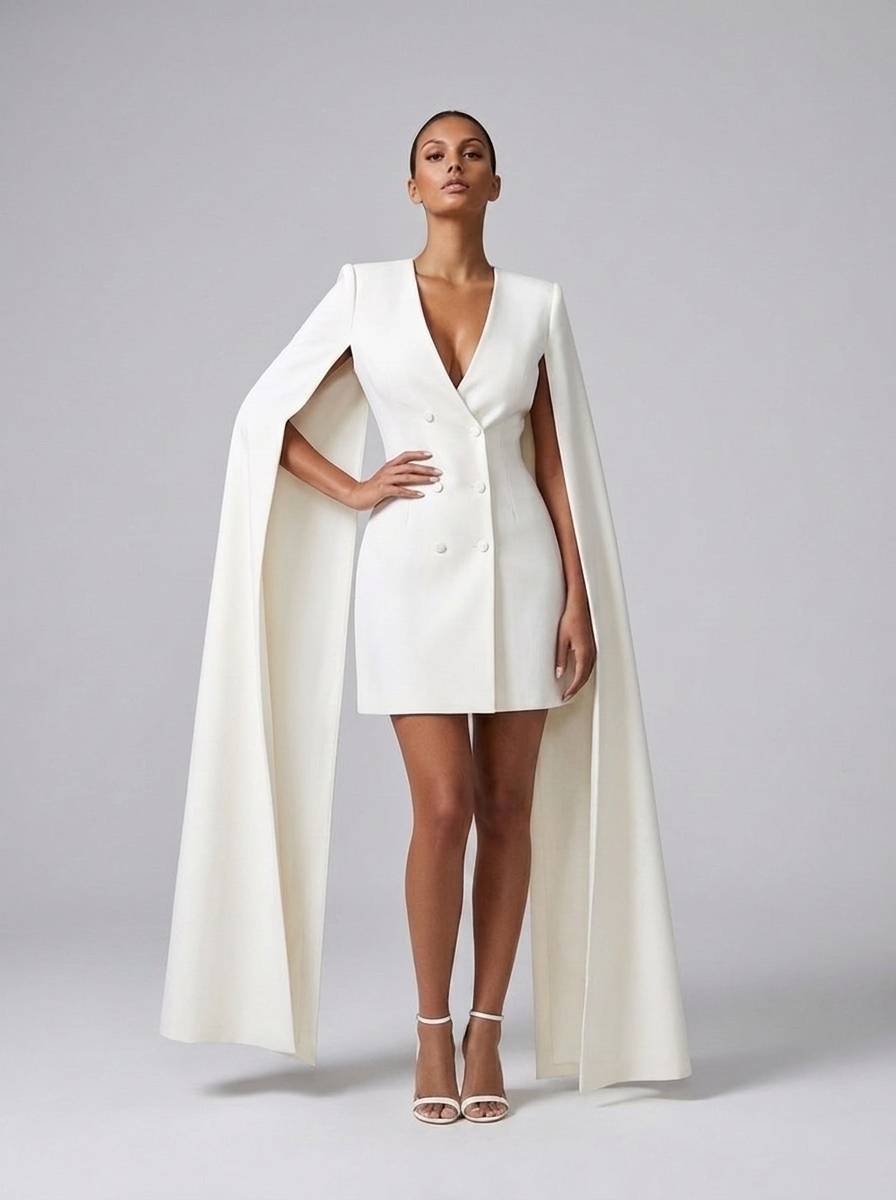 Norma Cape-Sleeve Tuxedo Blazer Mini Dress — White variant
