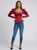 Iride Corset Peplum Puff-Sleeve Top — Red variant