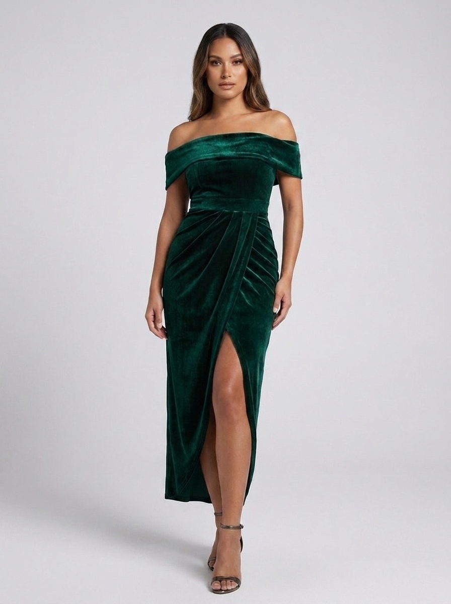 Severa Off-Shoulder Velvet Wrap Dress — Dark Green variant