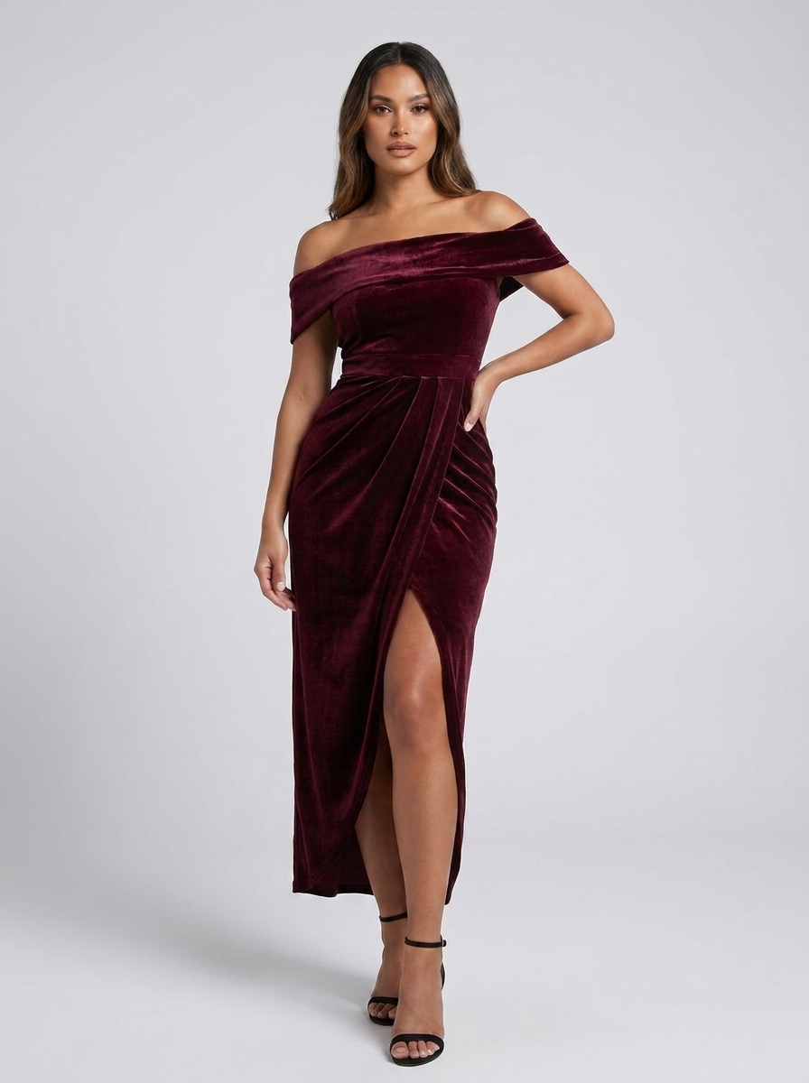 Severa Off-Shoulder Velvet Wrap Dress — Wine Red variant