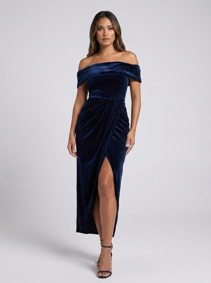 Severa Off-Shoulder Velvet Wrap Dress — Navy Blue variant