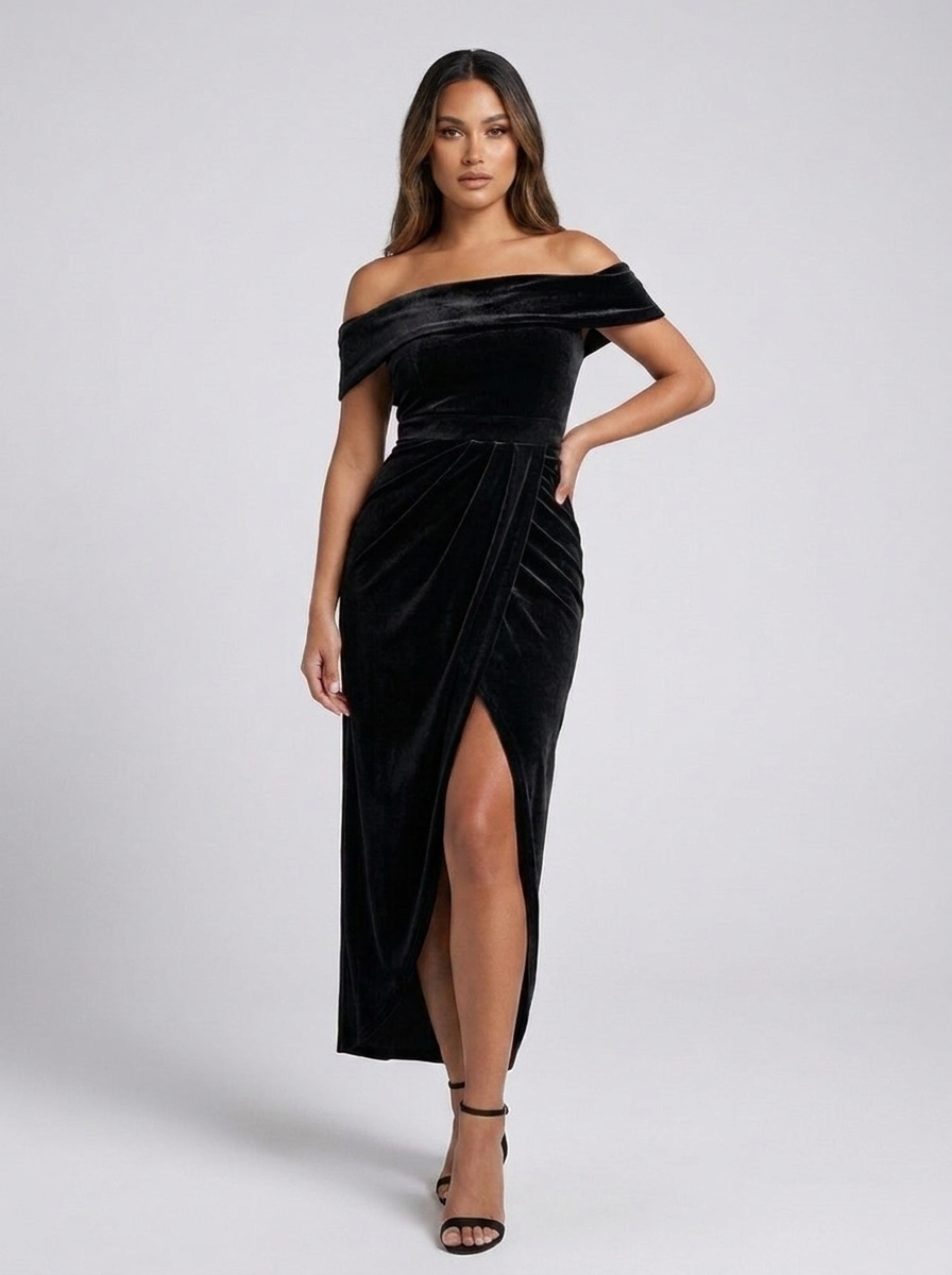 Severa Off-Shoulder Velvet Wrap Dress — Black variant