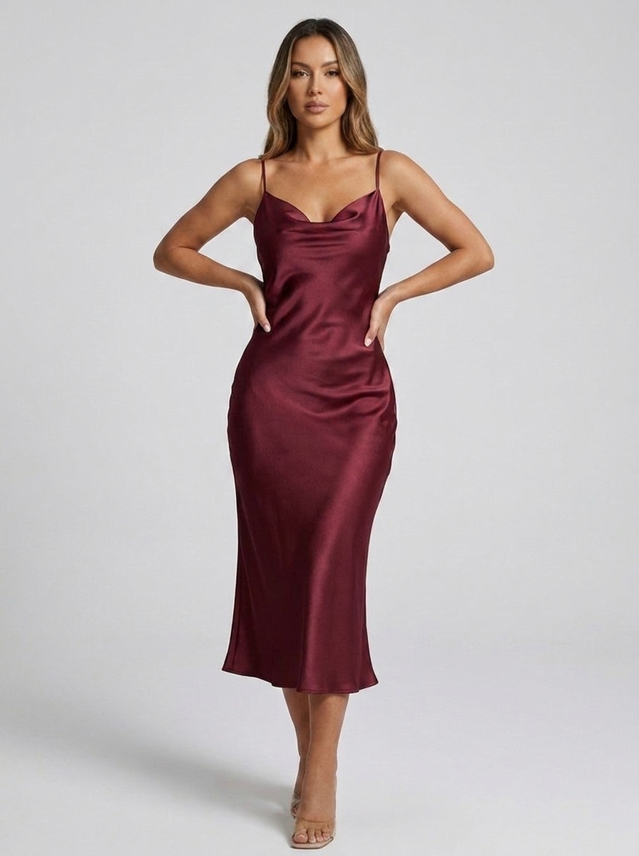 Sabina Satin Cowl-Neck Slip Midi Dress — Wine Red variant