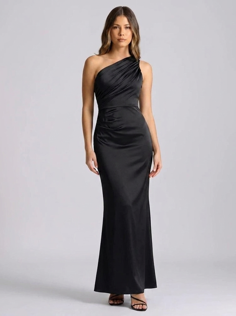 Rosella One-Shoulder Draped Satin Maxi Dress — Black variant