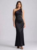 Rosella One-Shoulder Draped Satin Maxi Dress — Black variant