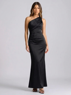 Rosella One-Shoulder Draped Satin Maxi Dress — Black variant
