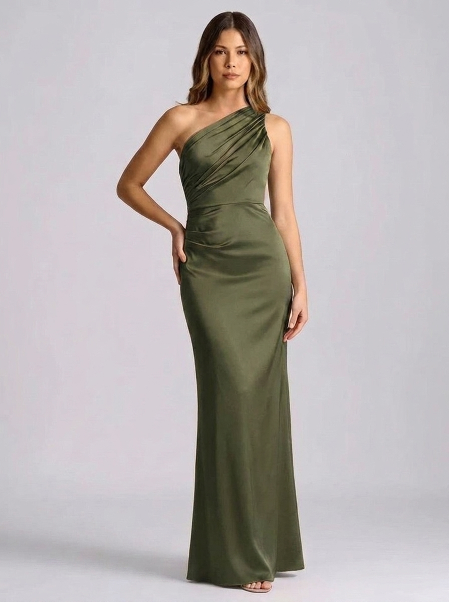 Rosella One-Shoulder Draped Satin Maxi Dress — Olive variant