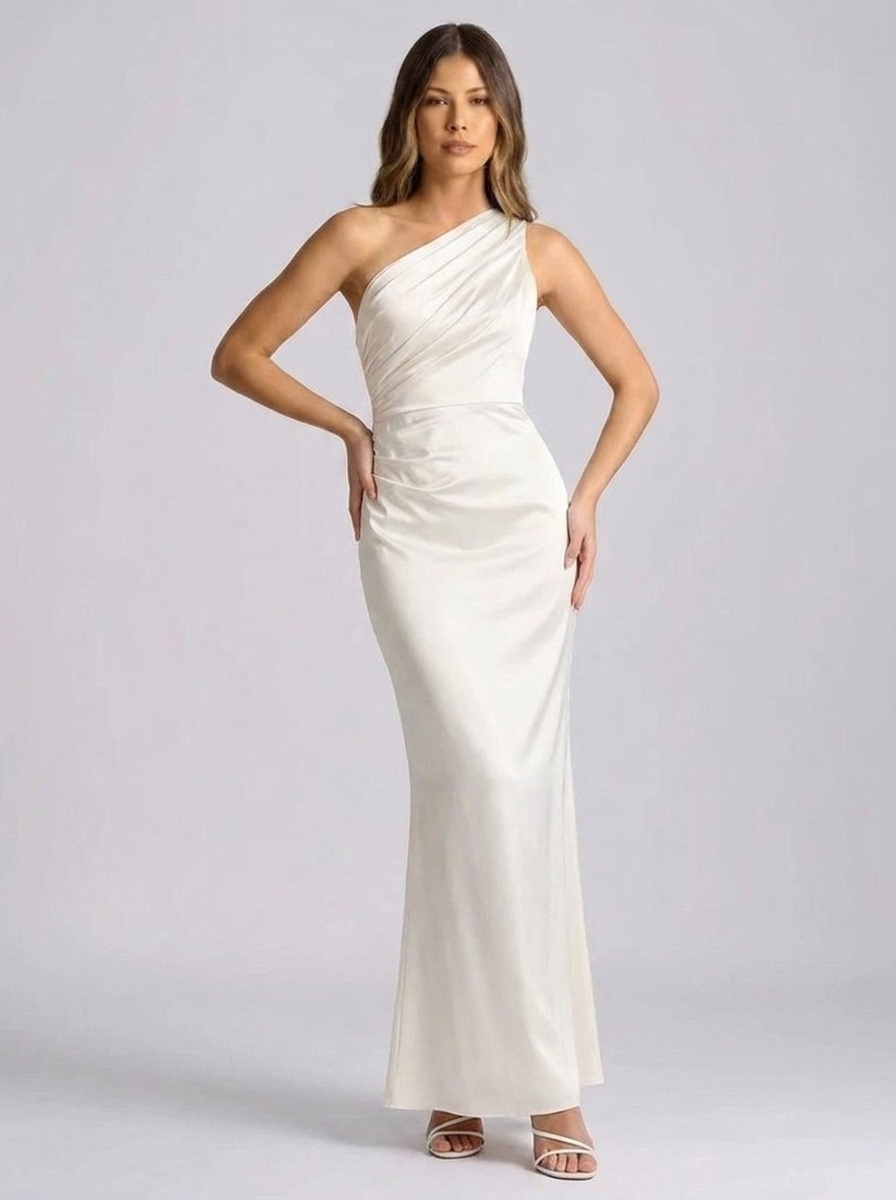 Rosella One-Shoulder Draped Satin Maxi Dress — White variant