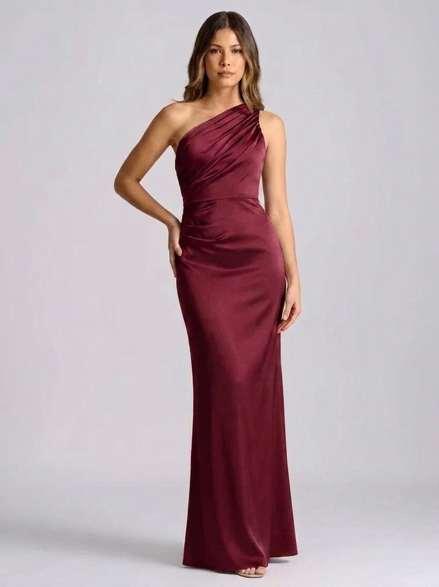 Rosella One-Shoulder Draped Satin Maxi Dress — Wine Red variant