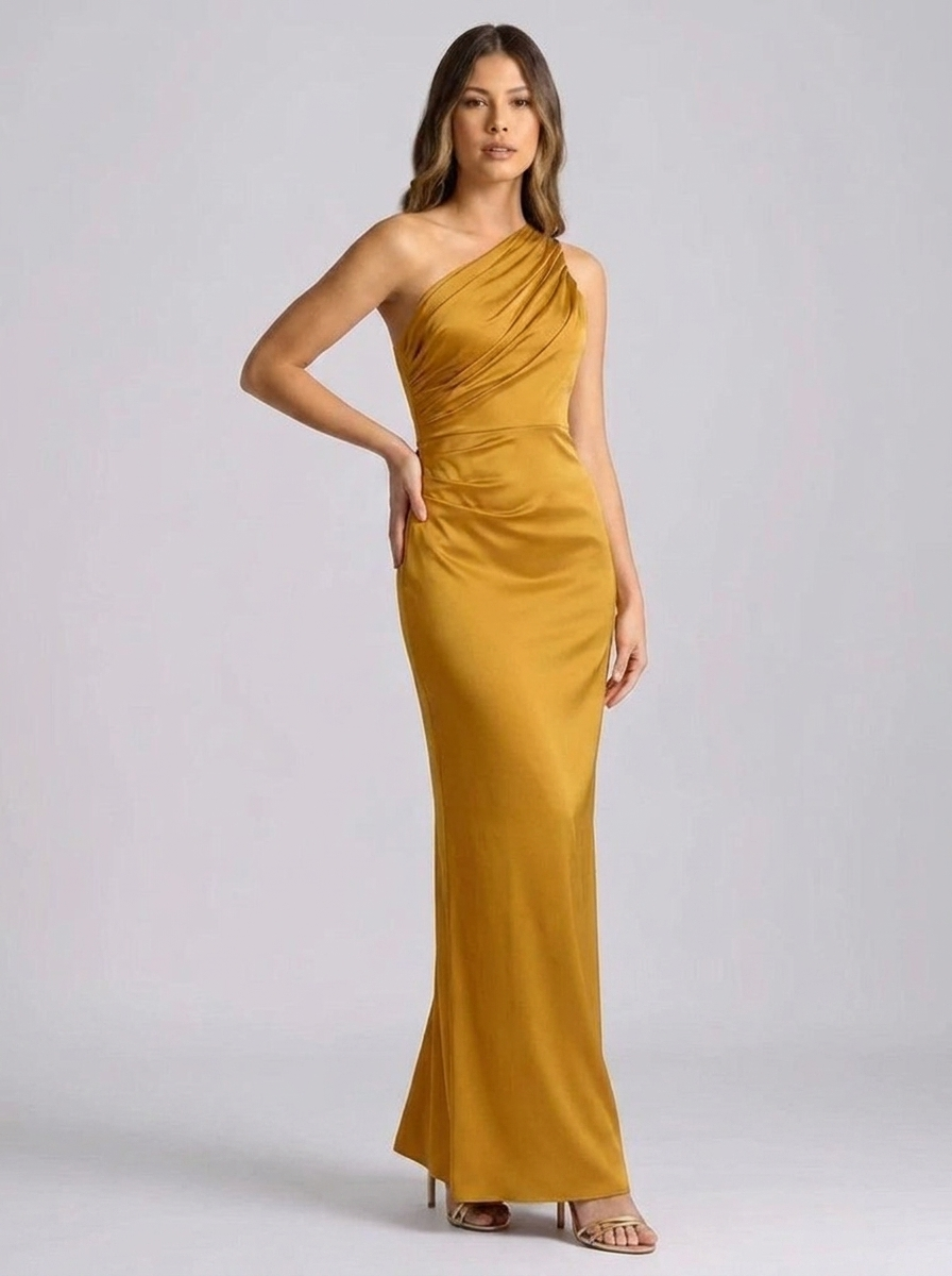 Rosella One-Shoulder Draped Satin Maxi Dress — Gold variant