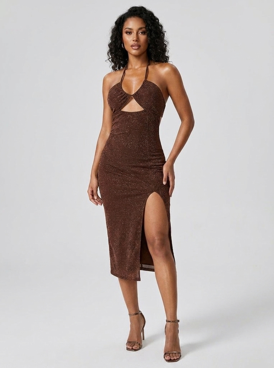 Annetta Glitter Halter Cutout Midi Dress — Brown variant