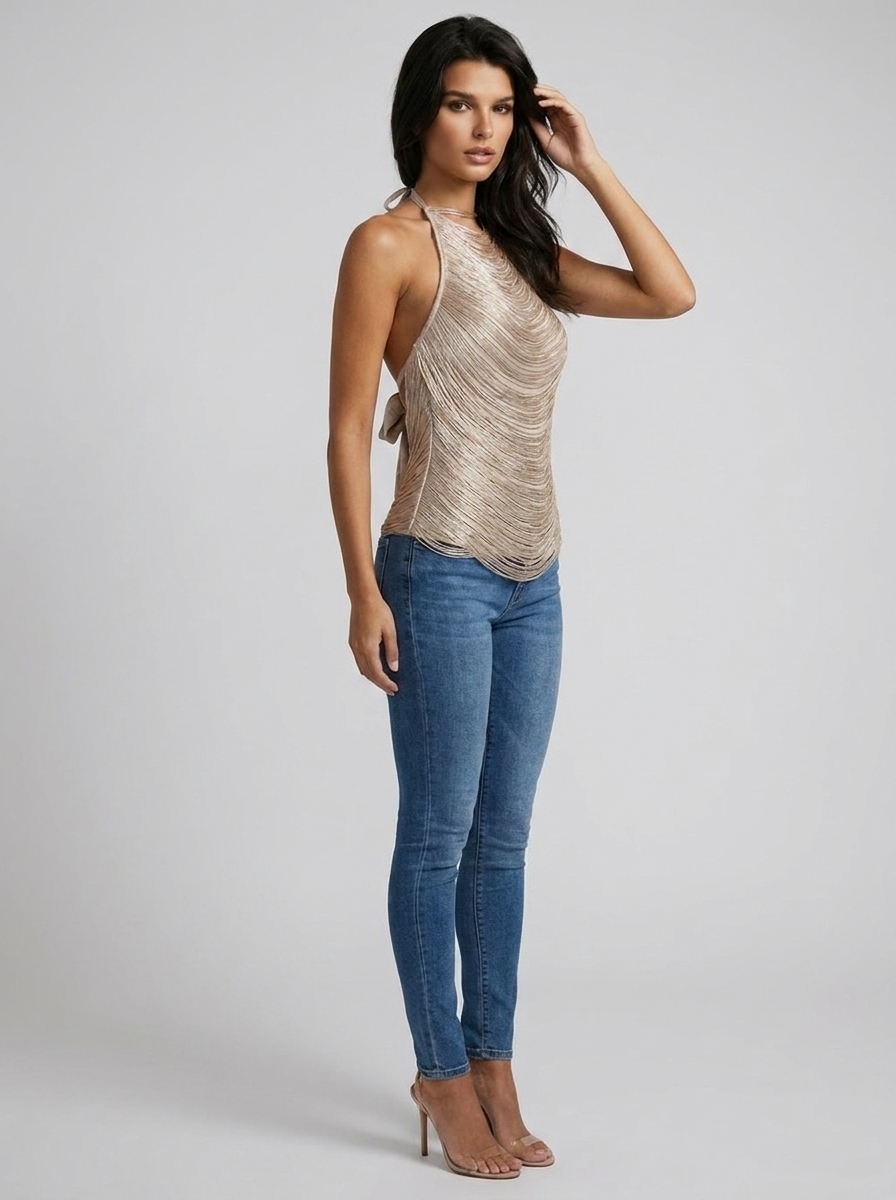 Estella Metallic Fringe Halter Top — Metallic Color variant
