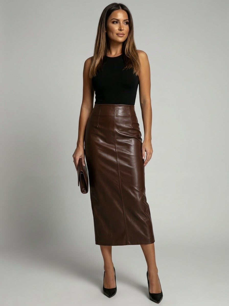 Clelia High-Waist Faux-Leather Pencil Midi Skirt on model