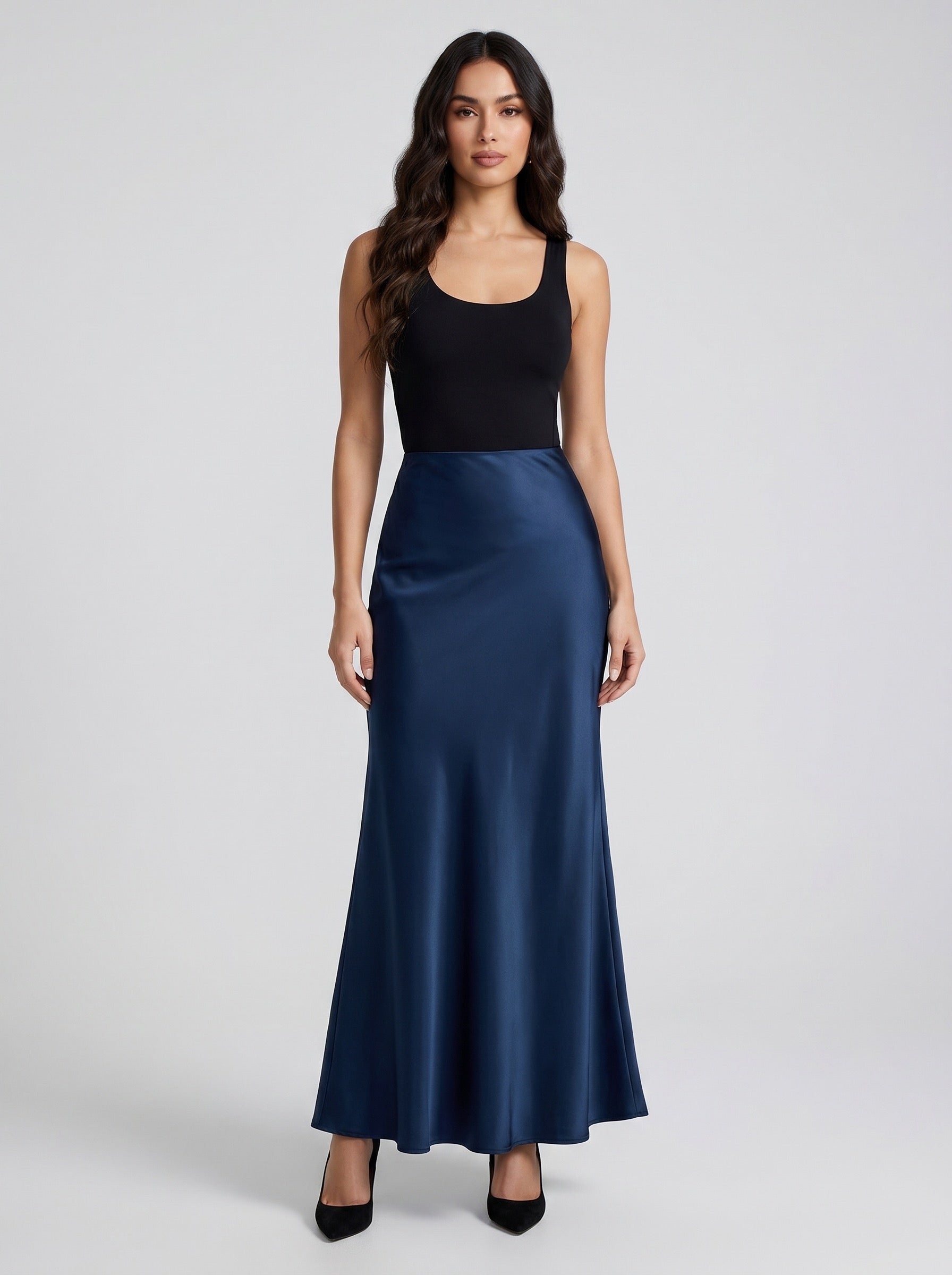 Ilaria Satin Maxi Skirt on model