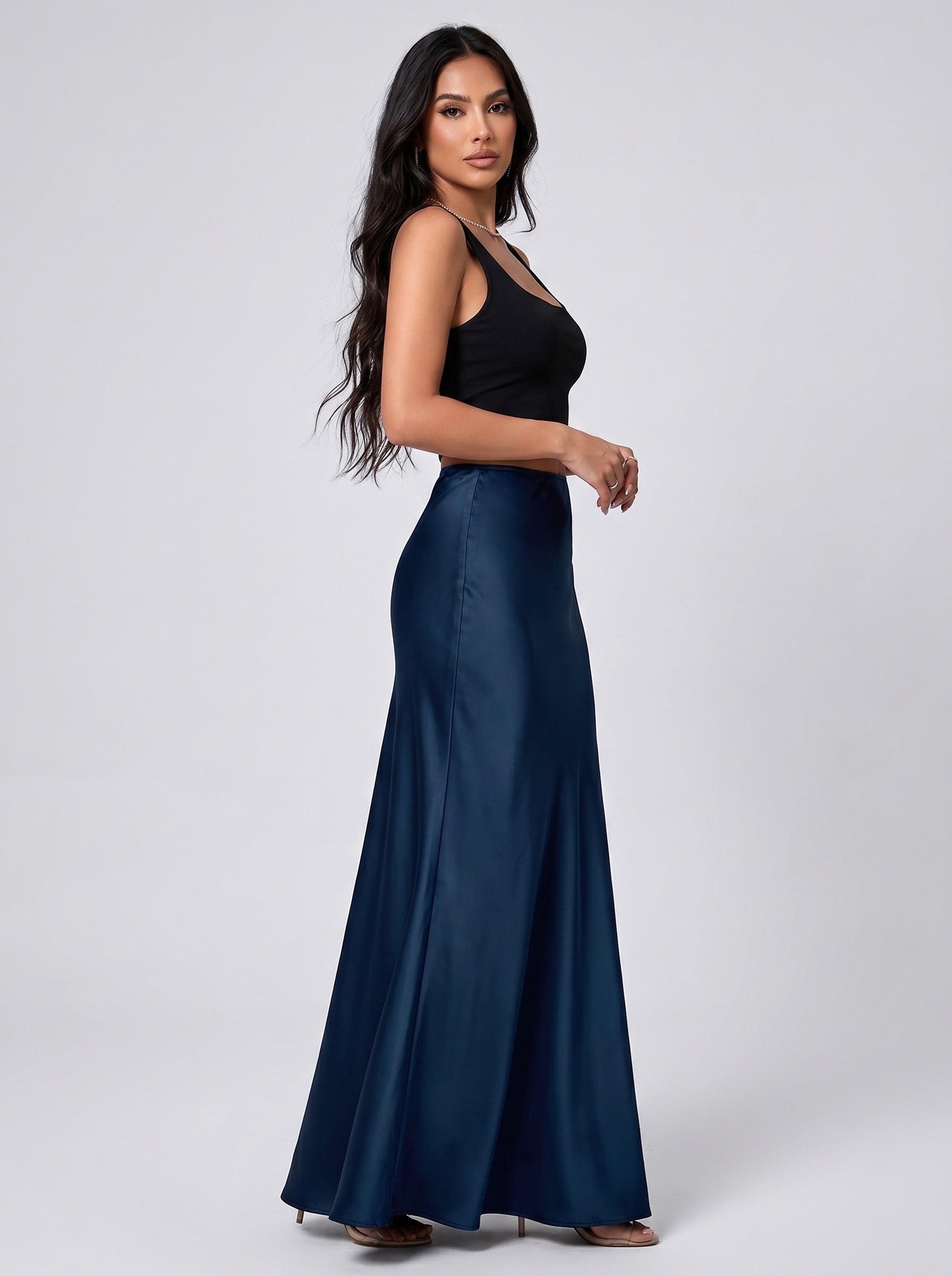 Ilaria Satin Maxi Skirt on model
