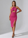 Ileana Glitter Halter Cutout Bodycon Midi Dress on model