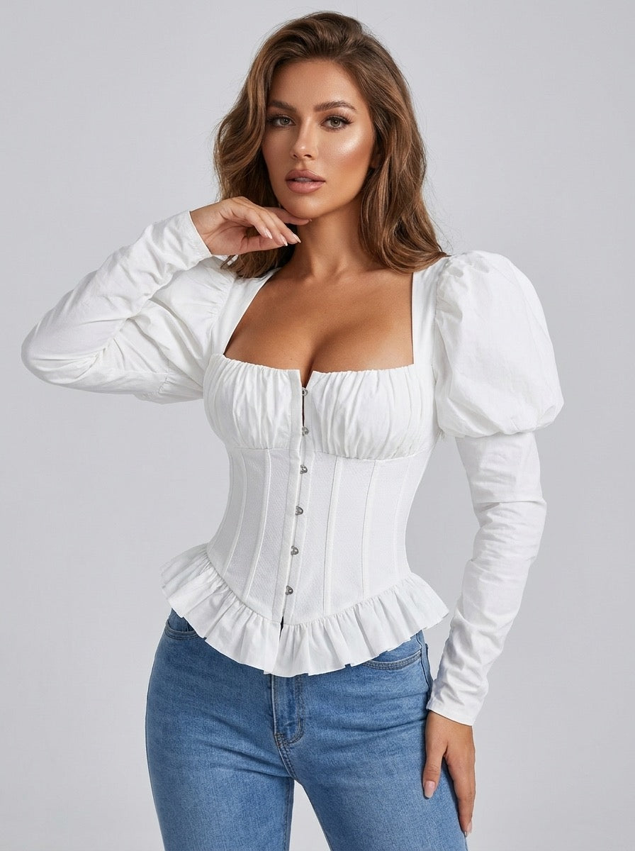Iride Corset Peplum Puff-Sleeve Top on model