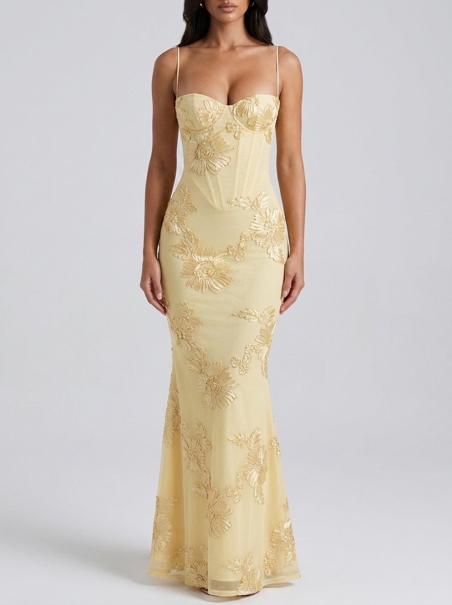 Isabella Beaded Floral Corset Mermaid Gown on model