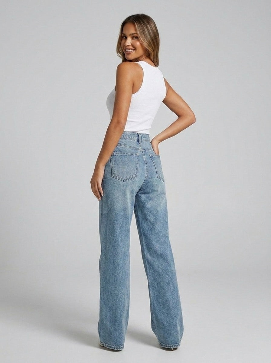 Isaura Vintage-Wash High-Waist Wide-Leg Jeans on model