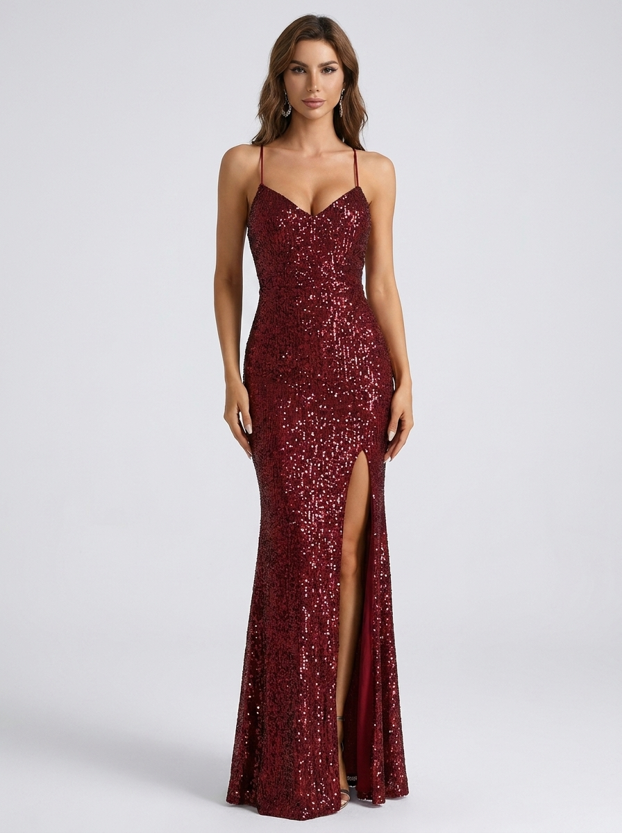 Jolanda Sequin Lace-Up Back Split Maxi Gown on model