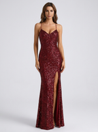 Jolanda Sequin Lace-Up Back Split Maxi Gown on model