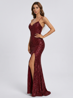 Jolanda Sequin Lace-Up Back Split Maxi Gown on model