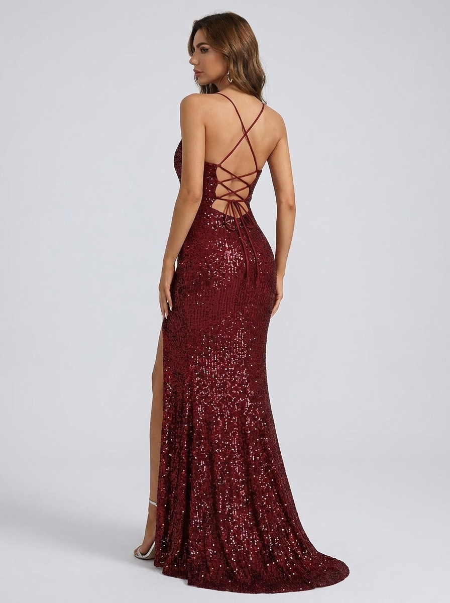 Jolanda Sequin Lace-Up Back Split Maxi Gown on model