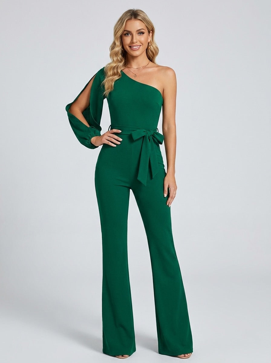 Leonora One-Shoulder Split-Sleeve Wide-Leg Jumpsuit on model
