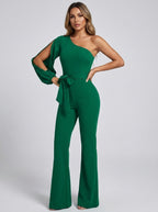 Leonora One-Shoulder Split-Sleeve Wide-Leg Jumpsuit on model