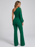 Leonora One-Shoulder Split-Sleeve Wide-Leg Jumpsuit on model