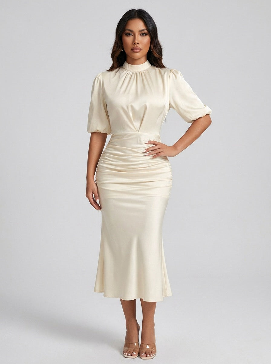 Letizia Satin Ruched Mock-Neck Midi Dress on model