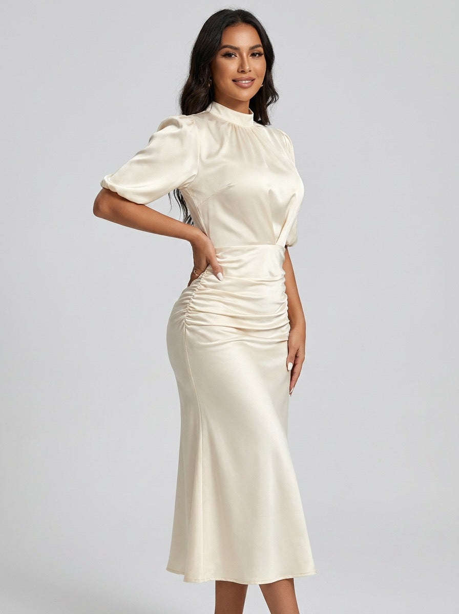 Letizia Satin Ruched Mock-Neck Midi Dress on model