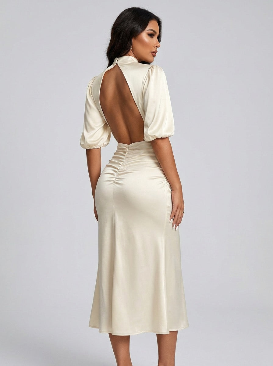 Letizia Satin Ruched Mock-Neck Midi Dress on model
