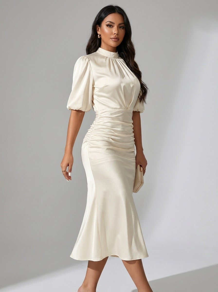 Letizia Satin Ruched Mock-Neck Midi Dress on model