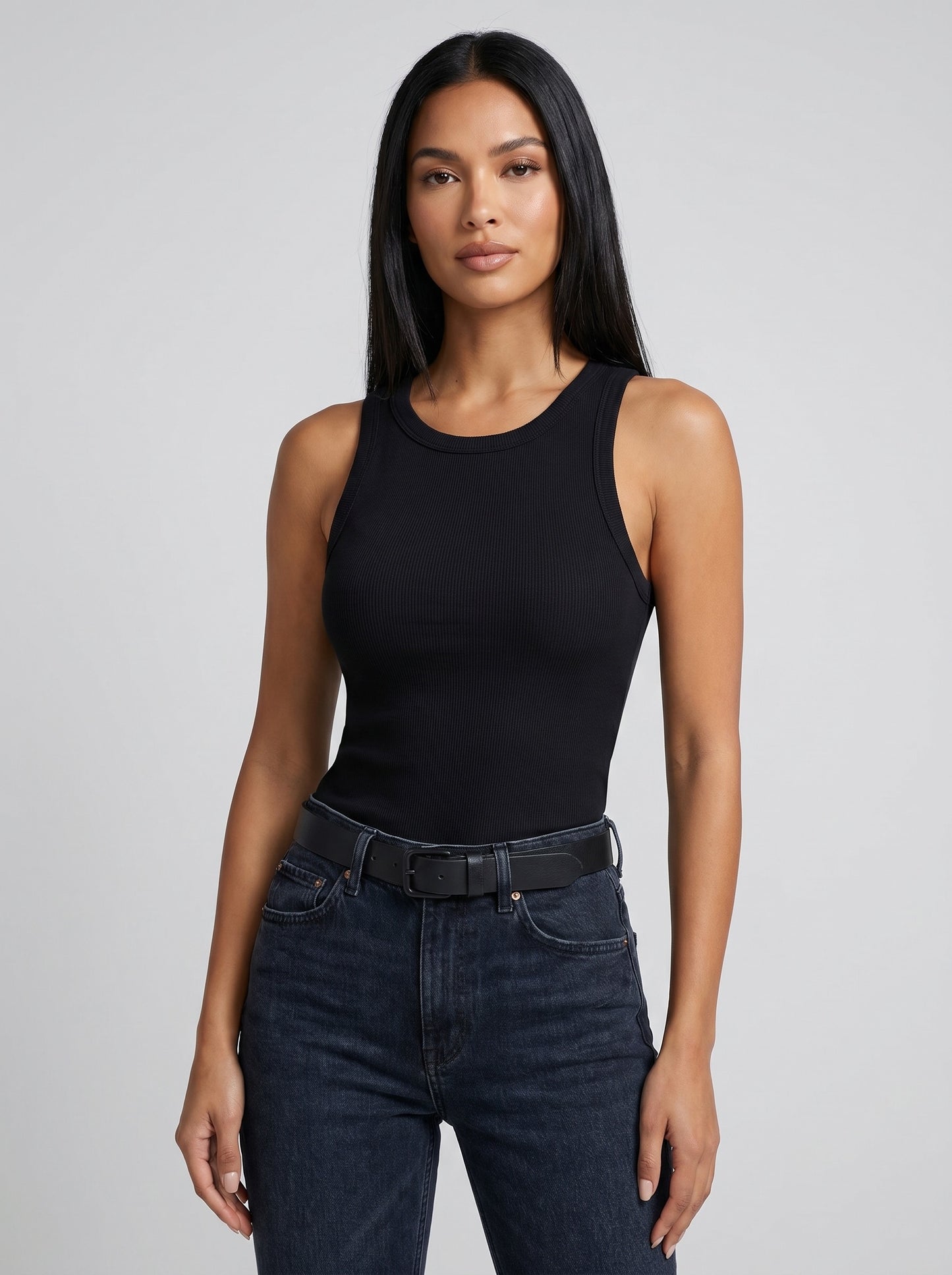 Lia Ribbed Scoop Tank on model