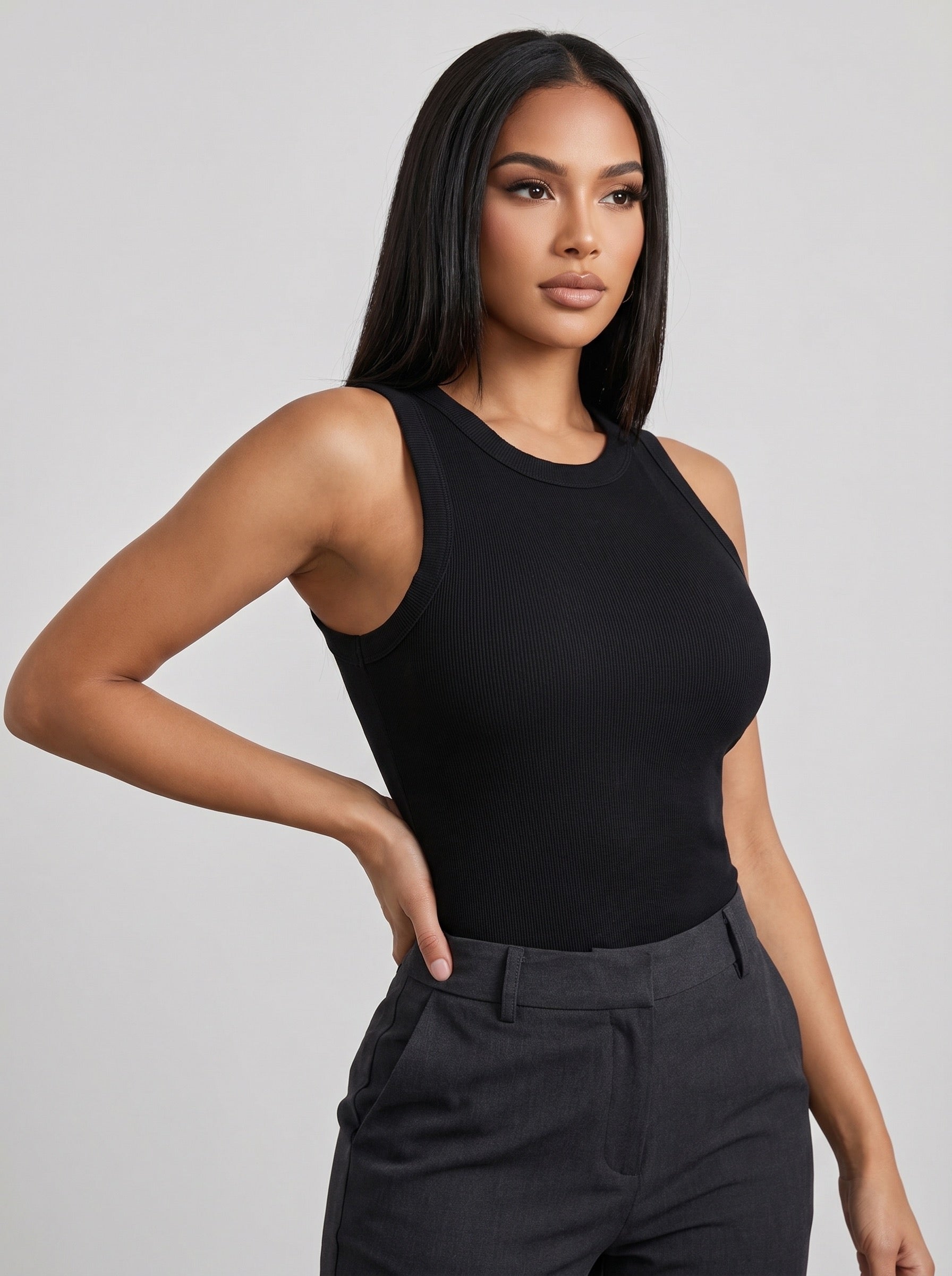 Lia Ribbed Scoop Tank on model