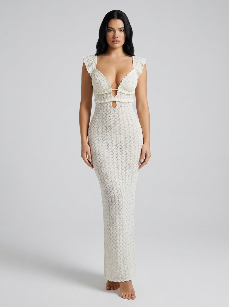 Liana Pointelle Knit Backless Maxi Dress on model