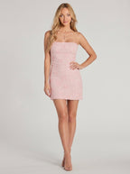 Lidia Pink Sequin Bow Strapless Mini Dress on model